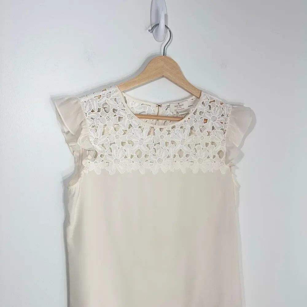 Kate Spade Silk Sleeveless Ruffle Floral Lace Top | Cream | SZ XS